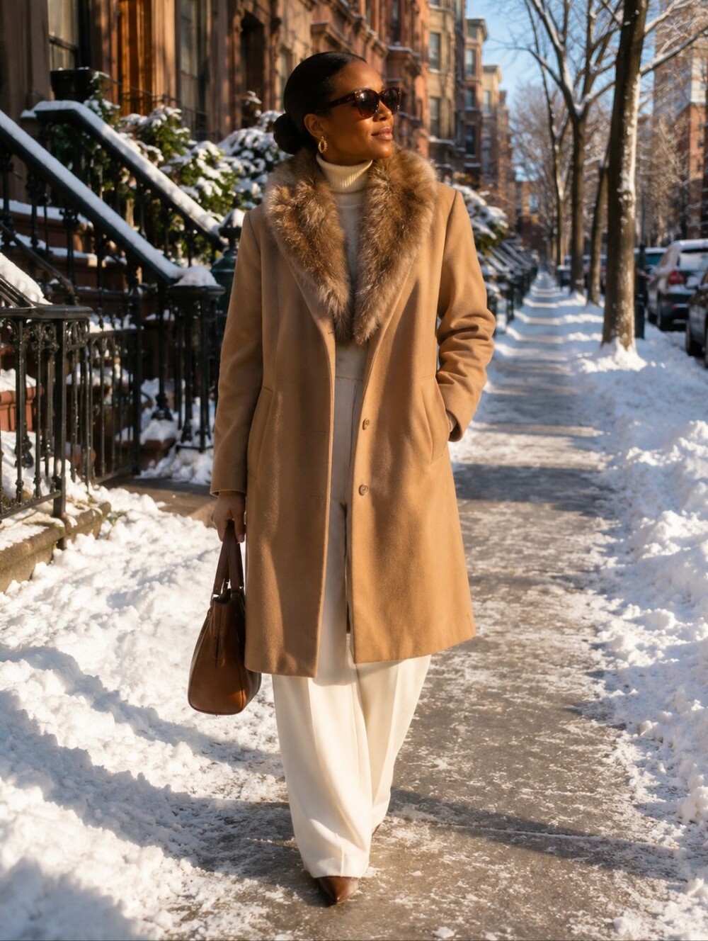 Vintage Giacca Tan 80% Wool Coat w/ Faux Fox Fur Collar- 1970s~Made in Belarus